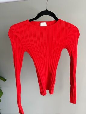 H&M Premium Vibrant Red Long Sleeve Crew Neck Top Size XS